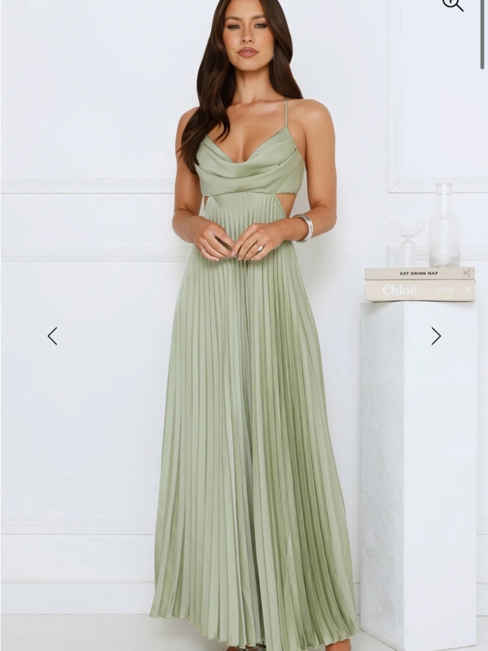 Satin Cowl-Neck Pleated Maxi Dress in Sage Green